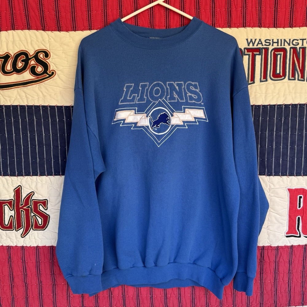 Size XL - Vtg Logo 7 Detroit Lions Blue Crewneck‎ Sweatshirt